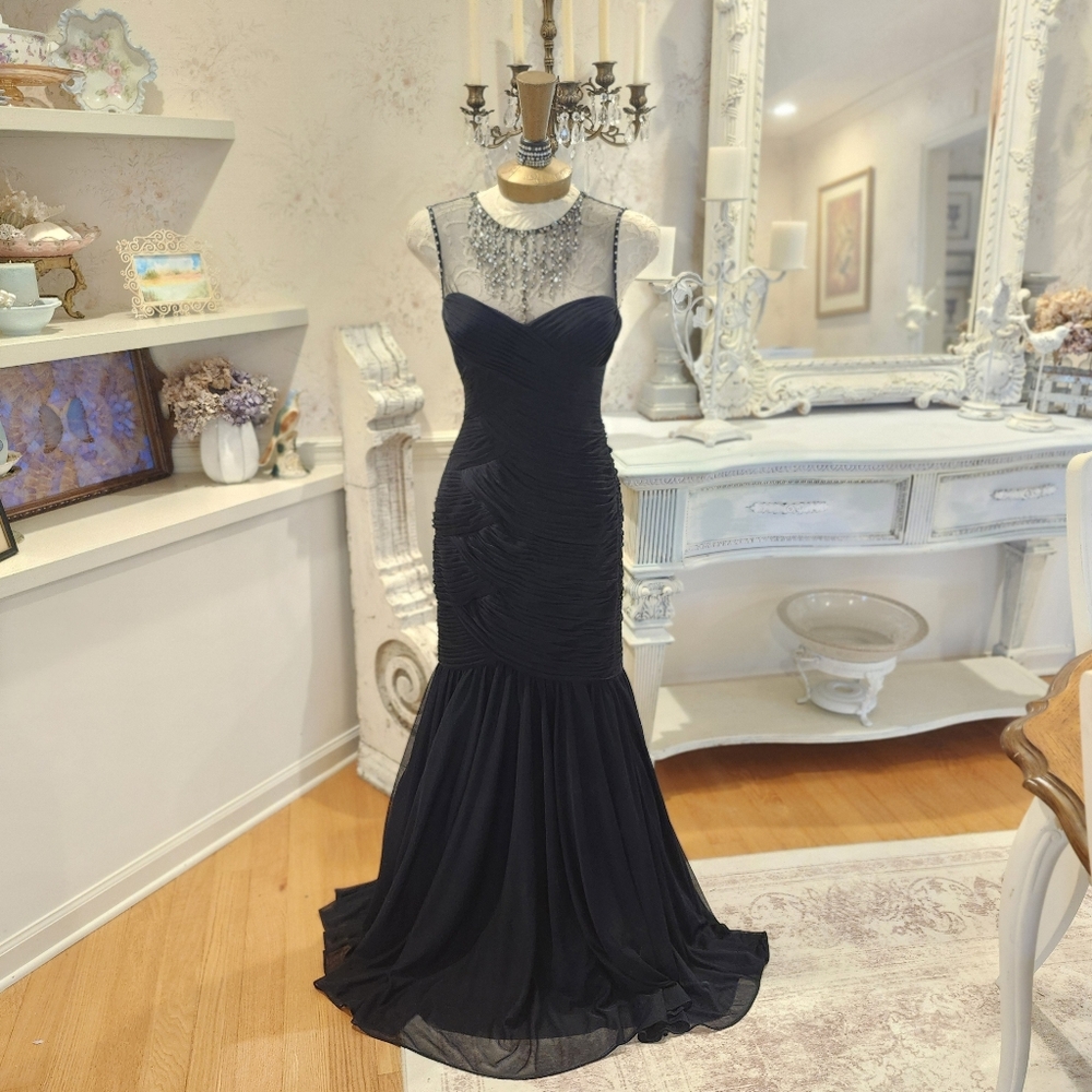 Adrianna Papell Y2K Black Beaded Illusion Mermaid Gown  Old Hollywood Vintage 2